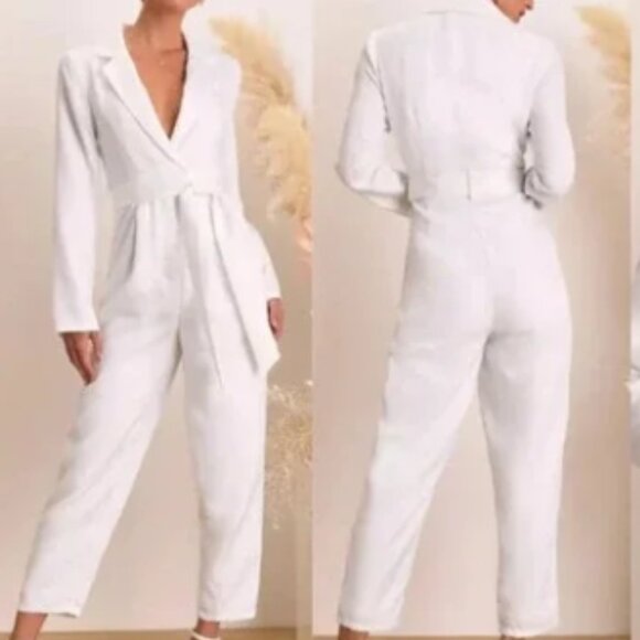 Lulus Pants - Lulus Upscale Romantic White Floral Jacquard Collared Jumpsuit 33221